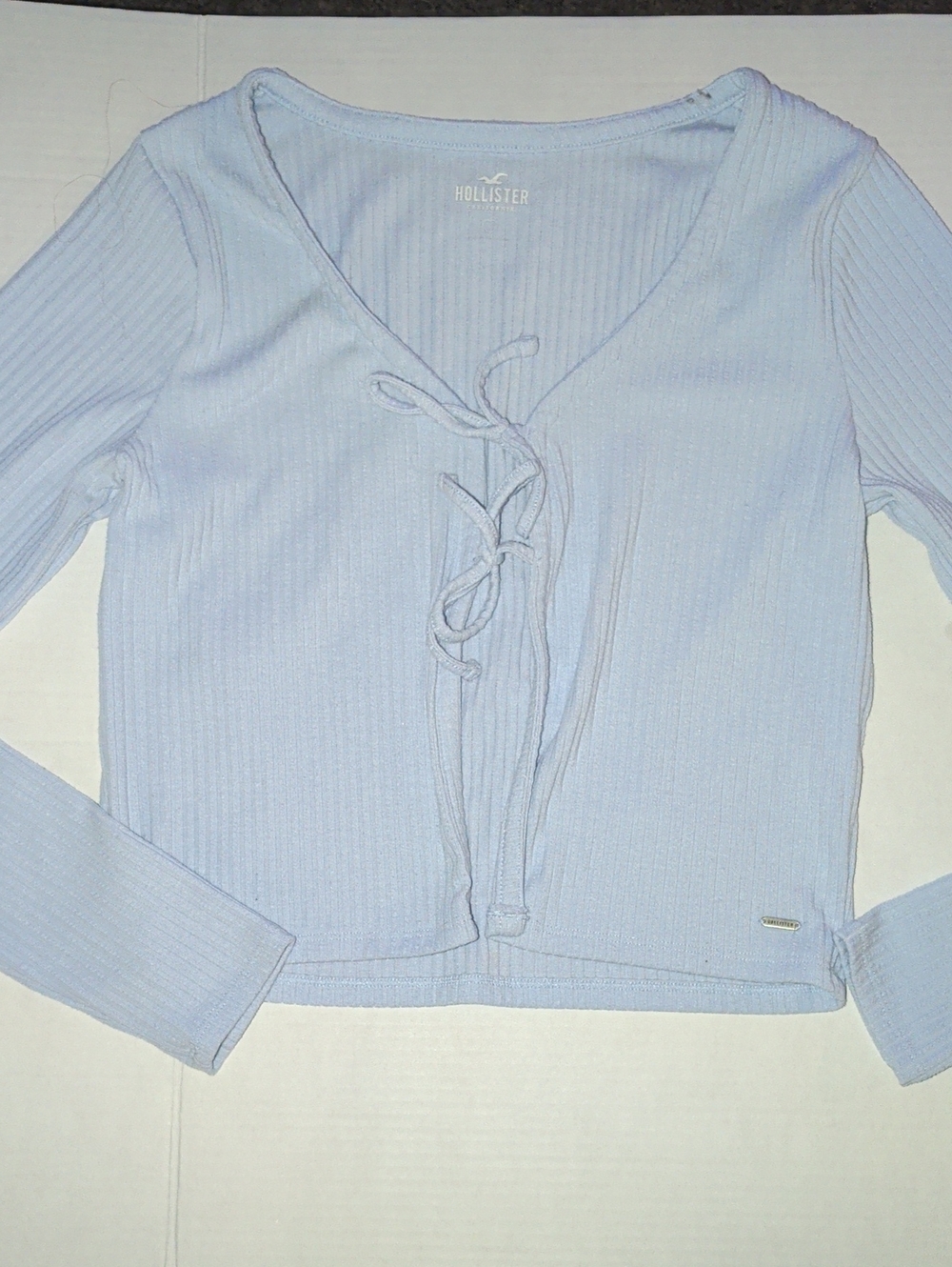 Hollister Pale Blue Ribbed Lace-Up Cropped Long Sleeve Top